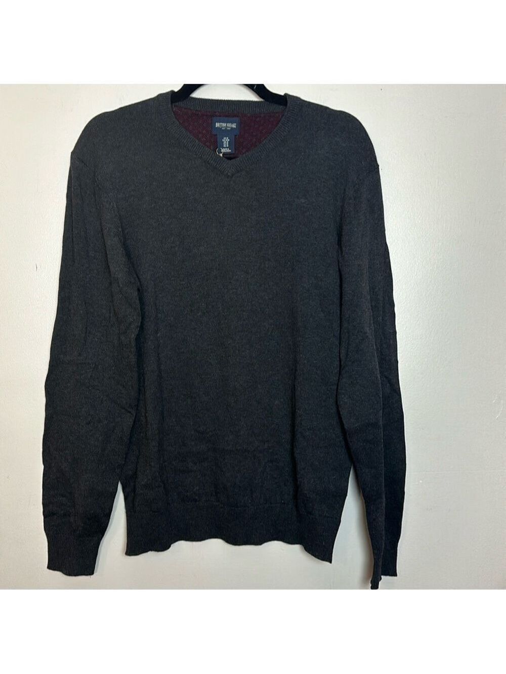British Khaki Fine Knit Cotton V-Neck Lightweight Sweater in Charcoal Grey